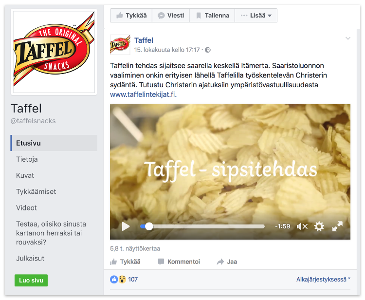 Taffelin Facebook-julkaisu ohjaa katsojan Taffelin sivuille.