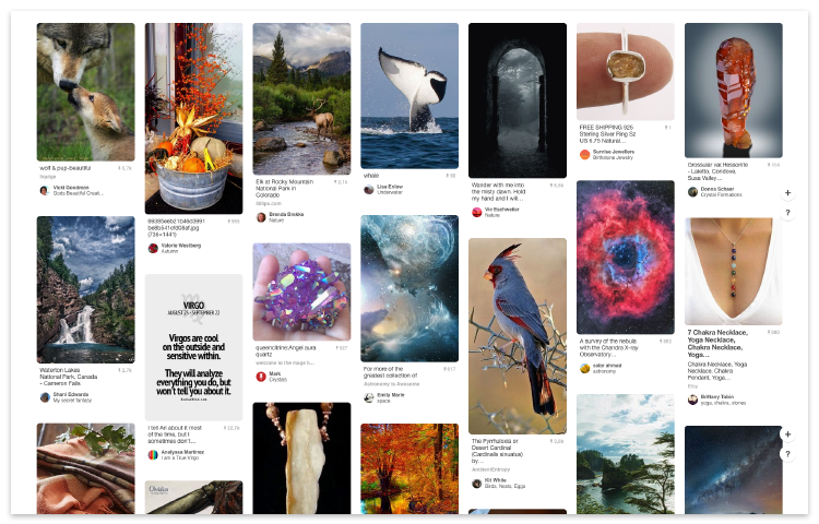 Pinterest näyttää erilaisia kuvakortteja.